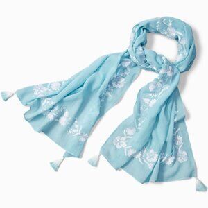 NEW Tommy Bahama Embroidered Blossoms Scarf Aqua and White Shawl Wrap
